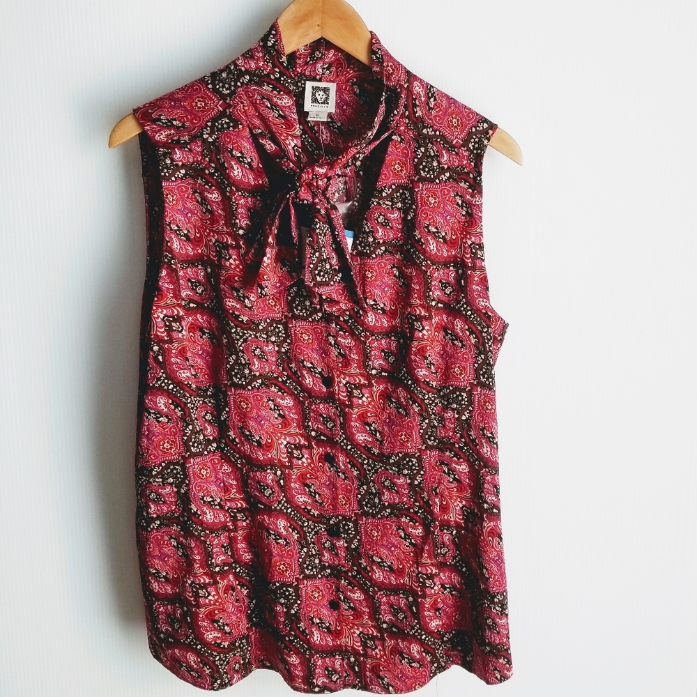 Anne Klein Bowtie Neck Blouse Magenta Black Cream Brown XL NWT